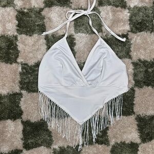 White Beaded Fringe Halter Top